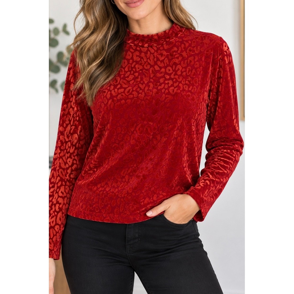 Sterling Kreek Red Leopard Burnout Velvet Mock Neck Top Long Sleeve Large